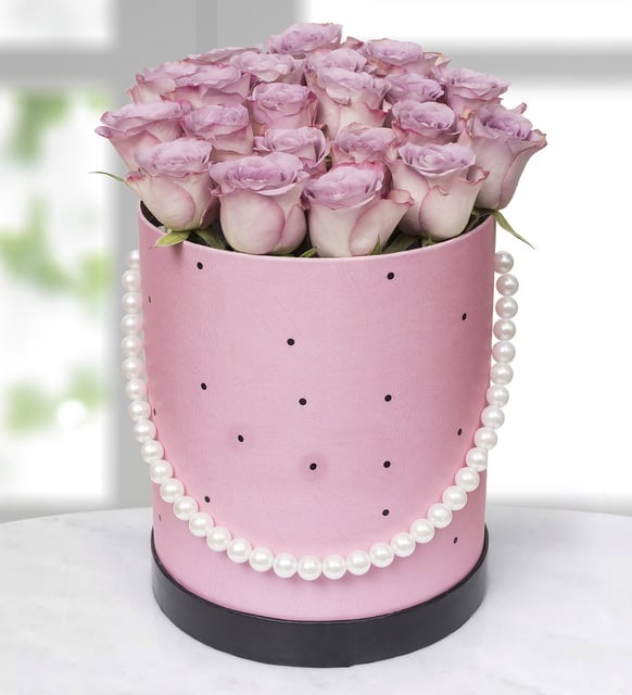 Pembe incili kutuda 20 adet lila gül