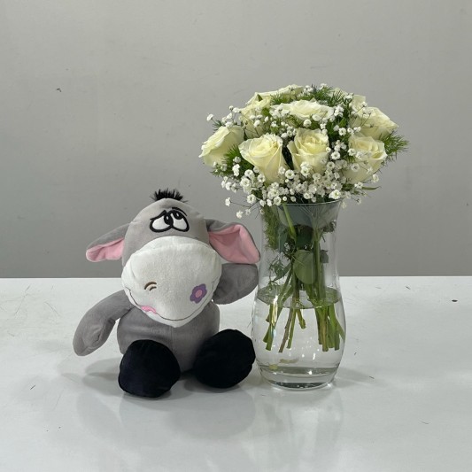 9 adet beyaz gül peluş eşşek