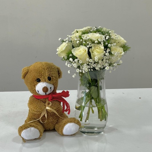 9 adet beyaz gül peluş ayı