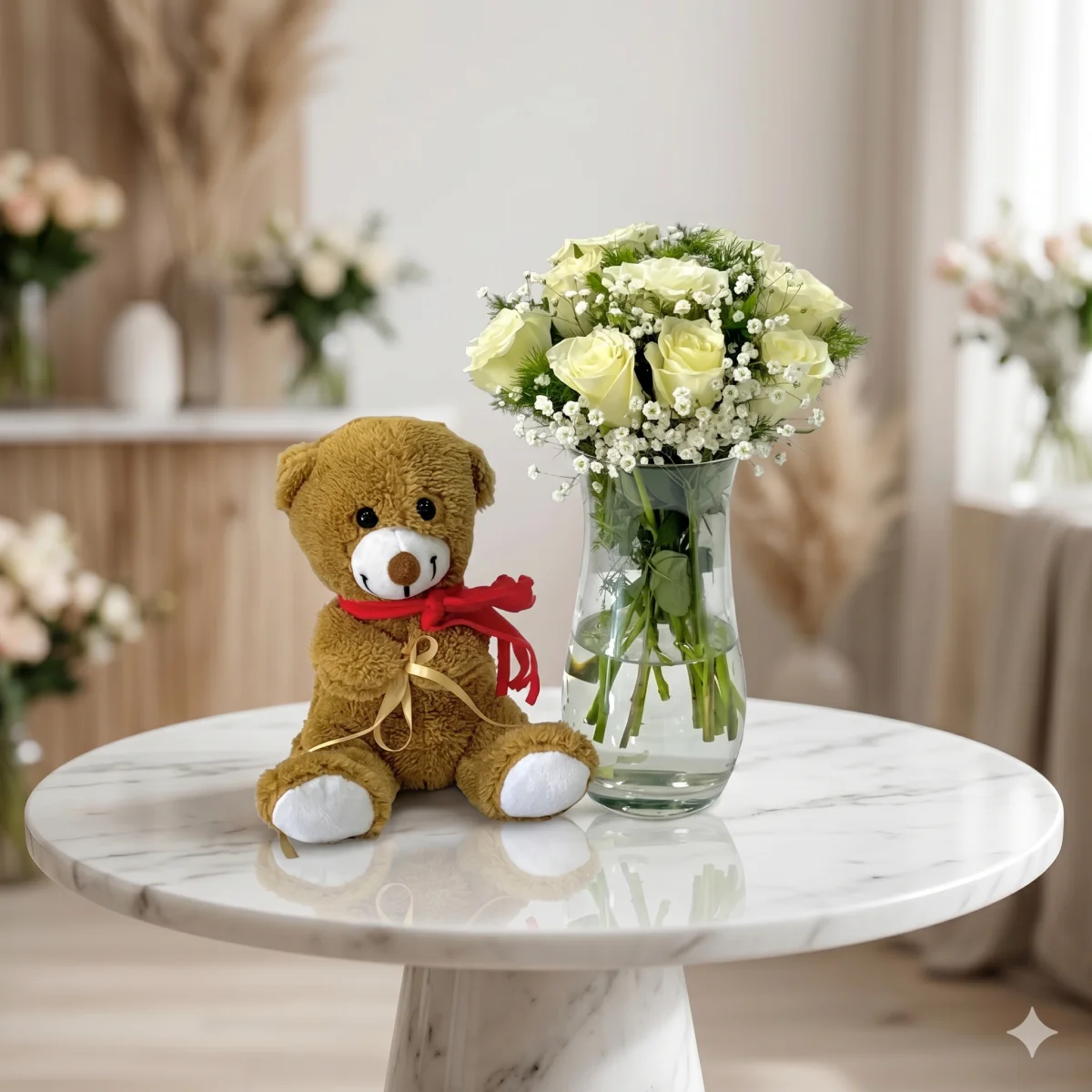 9 Adet Beyaz Gül Peluş Ayı