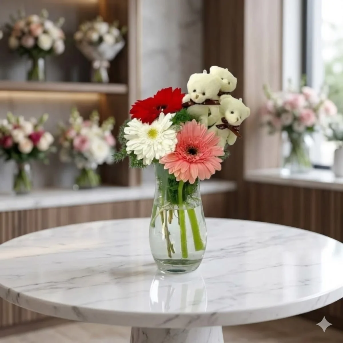 Renki gerbera ve minik ayıcıklar