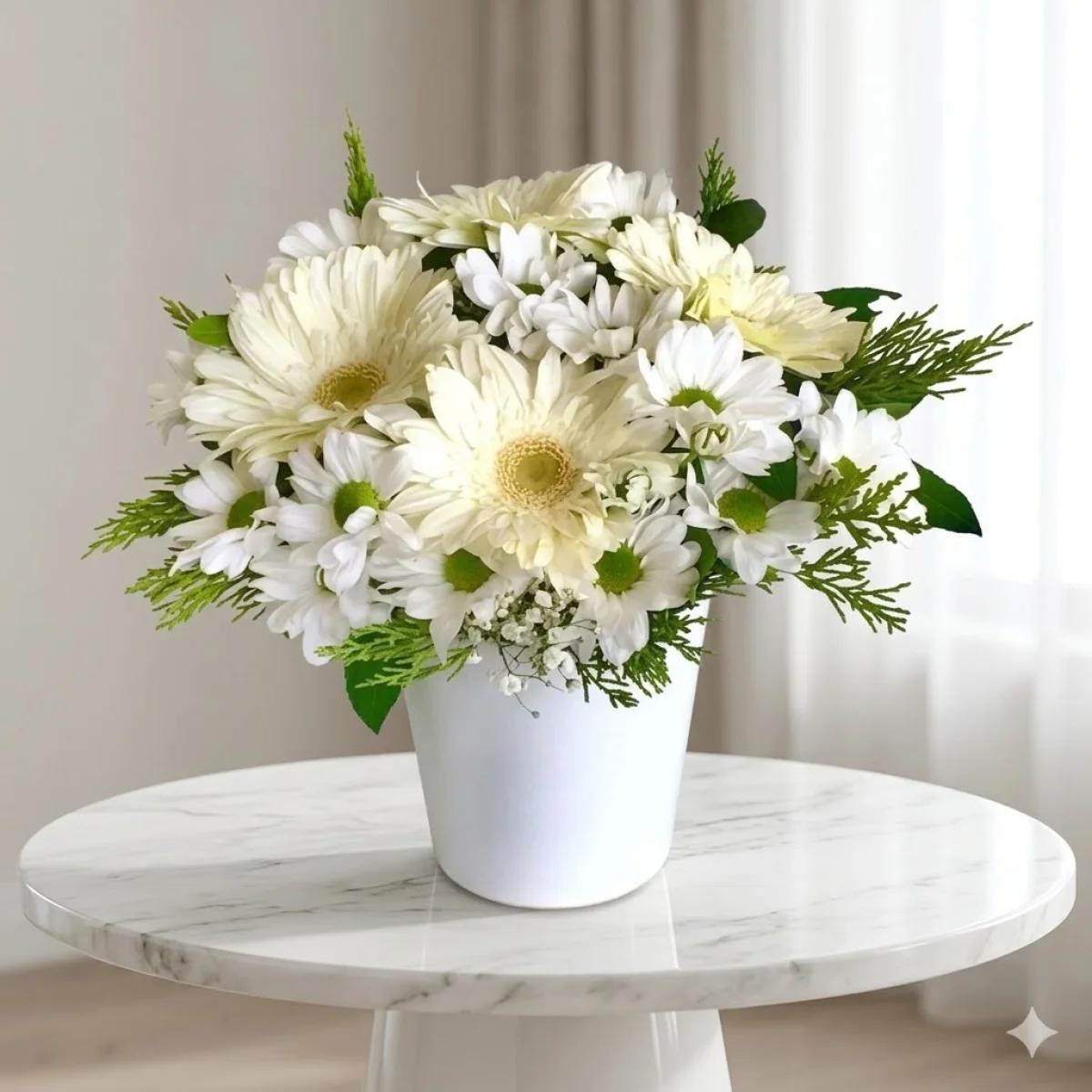 Kişiye Özel Fotoğraflı Seramik Vazoda Beyaz Papatya ve Gerbera